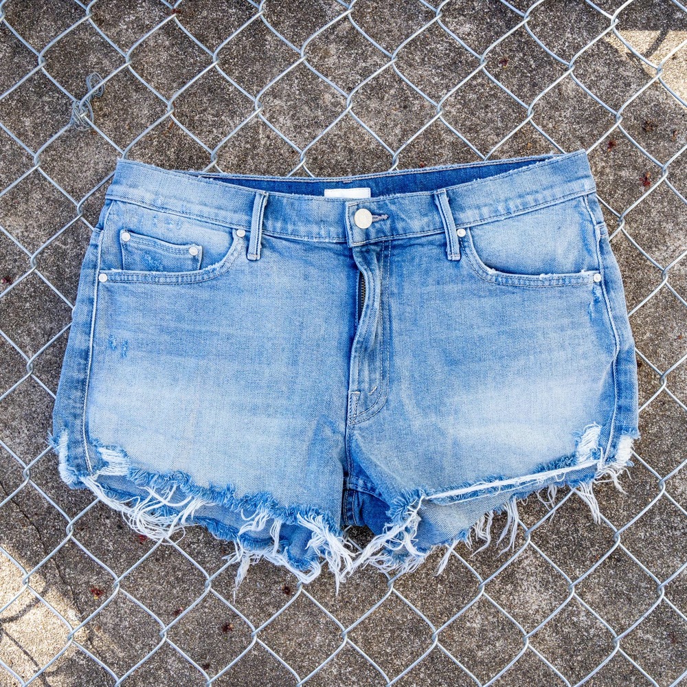 Mother The Teaser Shorts Frayed Hem 31" Blue